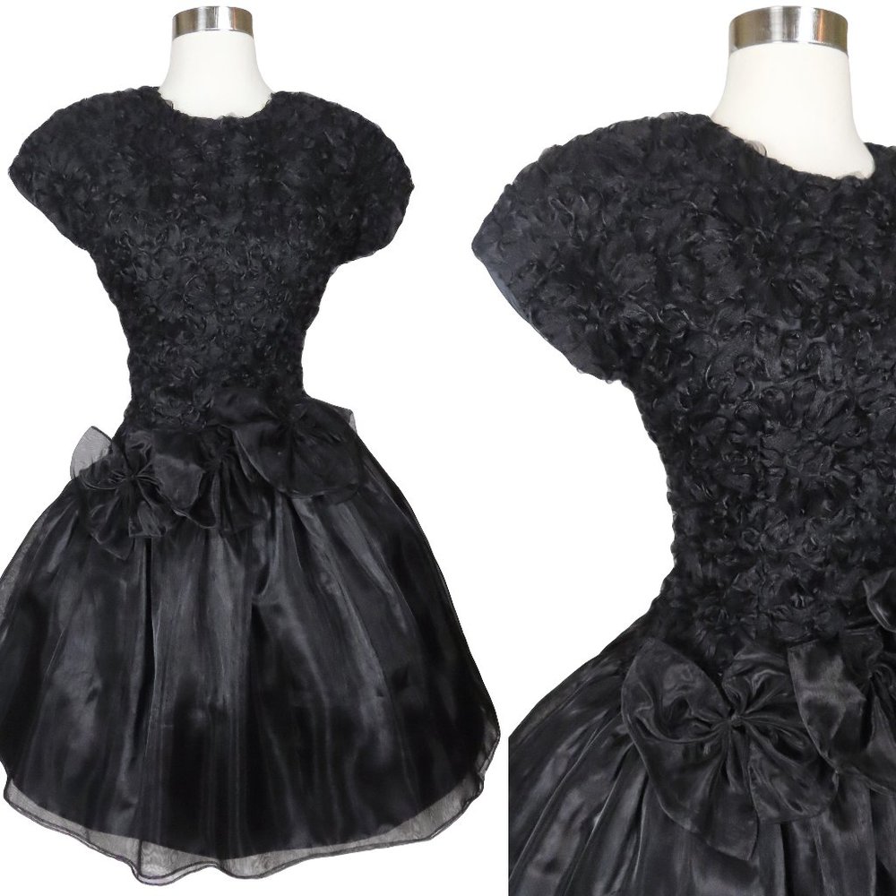 Vintage 80s Black Organza Bows Full Skirt Cocktail Party Prom Dress S Small